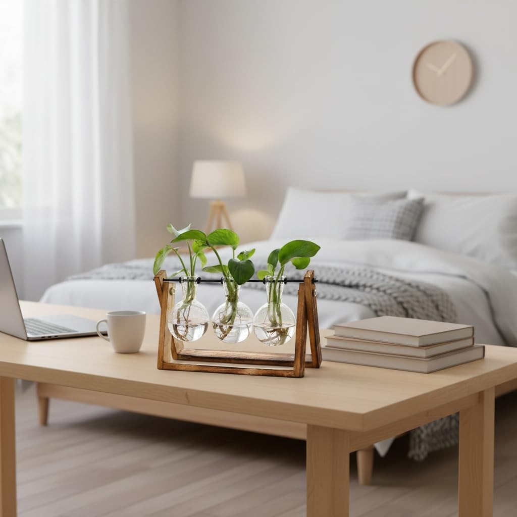 Svea – Tisch-Vase aus Glas im Holzständer für Pflanzenableger