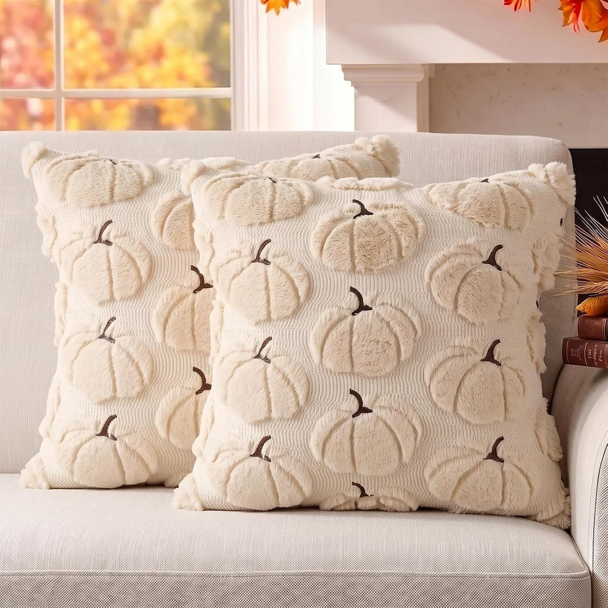 Ayva – Kuscheliges Kissenbezug-Set mit Kürbismotiv in Beige (2er-Set)